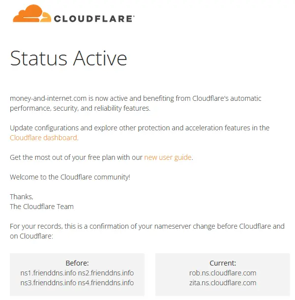 письмо от cloudflare с информацией, что ns прописались