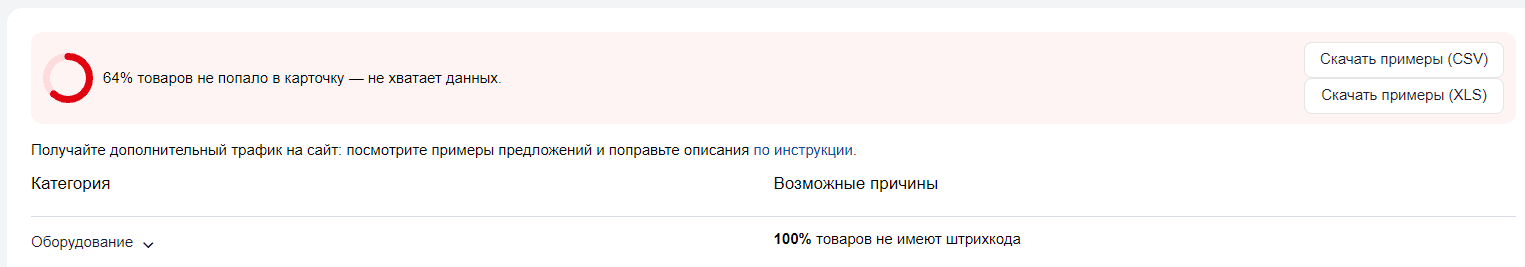 предупреждение о непопавших товарах